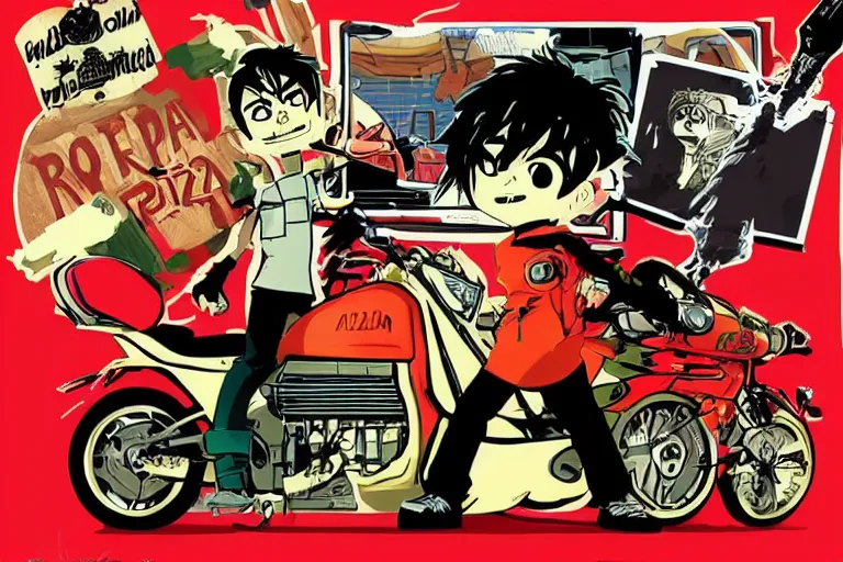 Prompt: italian pizza, akira's motorcycle, gorillaz, poster, kid drawn