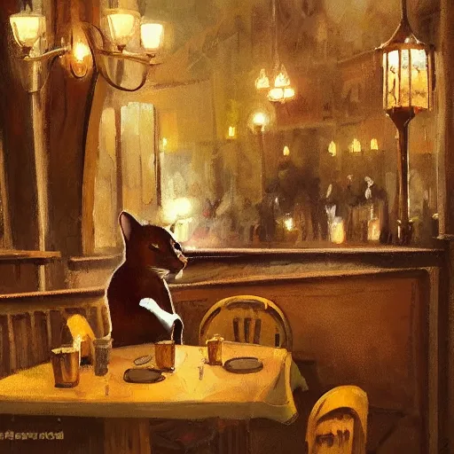 Prompt: brown cat with yellow eyes is sitting at table in a cafe at paris in early 2 0 th century. atmospheric feeling, warm colours, brown colours, yellow colours, epic scene, cinematic, very detailed, concept art, trending on artstation