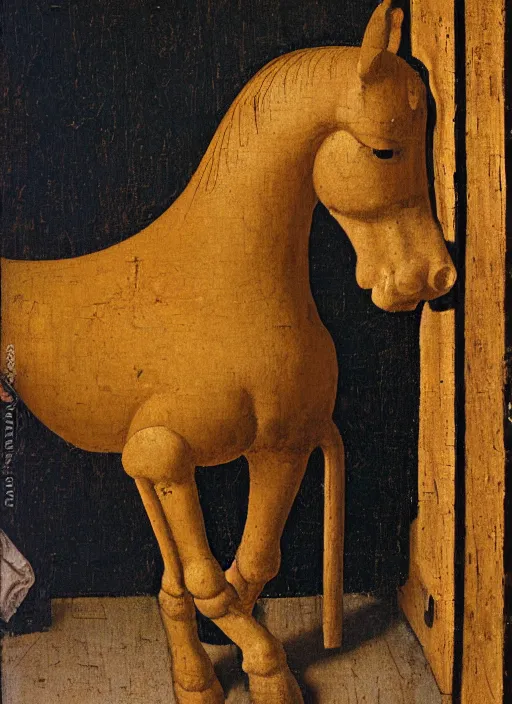 Image similar to wooden horse toy, medieval painting by jan van eyck, johannes vermeer, florence