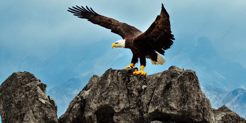 Image similar to a majestic eagle made of stone, spreading it's wings wide and calling to the sky, hazy sky, mountain background, tree line, stylish, beautiful, epic