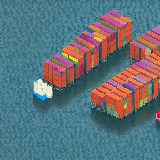 Prompt: isometric voxel art shipping containers piled next to a dock with cranes, eboy, magicavoxel, global illumination-n 6