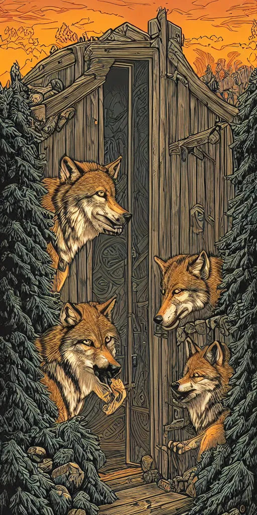 Prompt: wolves at the door by Dan Mumford