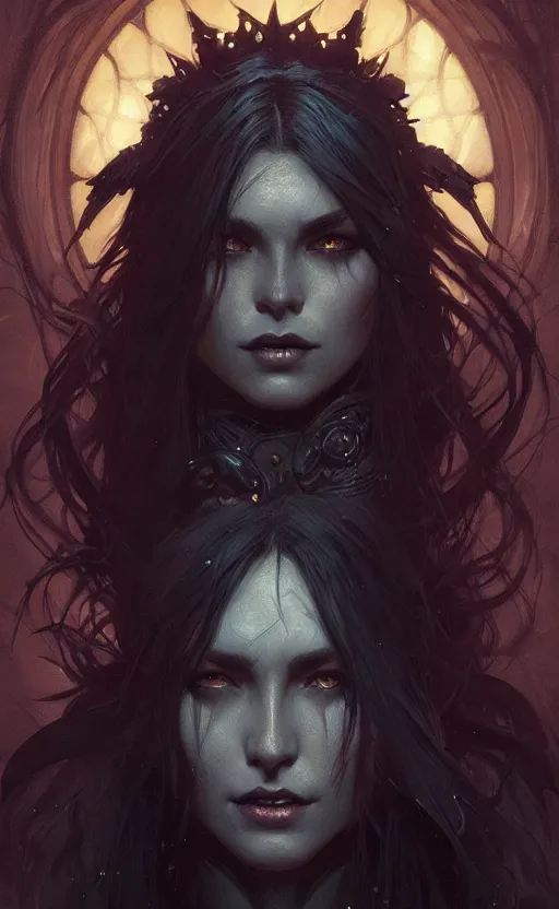 Prompt: a dark witch, black filaments, shadows, fantasy, d & d, intricate, headshot, highly detailed, digital painting, artstation, concept art, sharp focus, cinematic lighting, illustration, art by artgerm and greg rutkowski, alphonse mucha, cgsociety