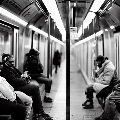 Image similar to people of rer b, subway, atmosphere, sad mood