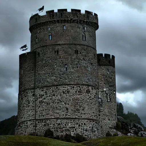 Prompt: looming castle under a cloudy sky where nary a ray escapes the god's frown