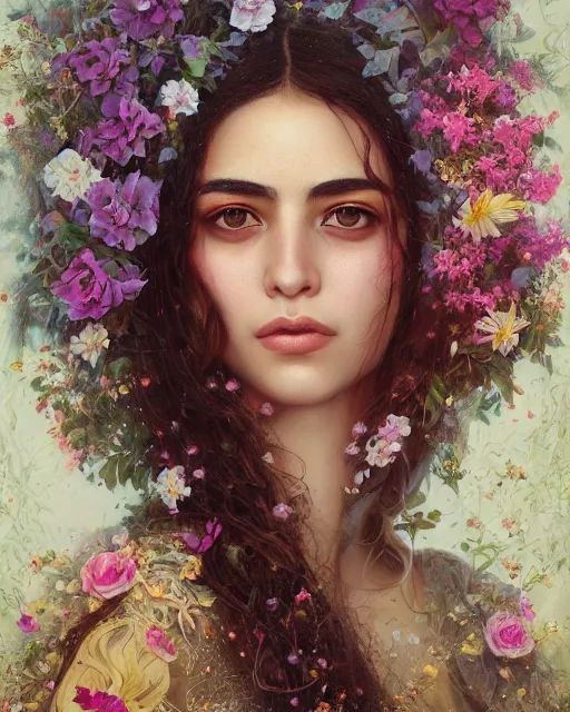 Image similar to portrait of a middle eastern girl, surrounded by flowers by karol bak, james jean, tom bagshaw, rococo, sharp focus, trending on artstation, cinematic lighting, hyper realism, octane render, 8 k, hyper detailed.