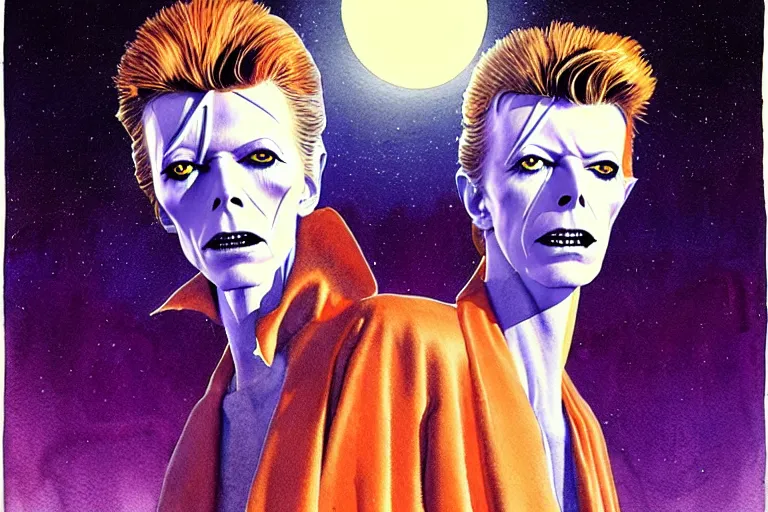 Prompt: a hyperrealist watercolour character concept art portrait of david bowie on a full moon well lit night in las vegas. a ufo is in the background. by rebecca guay, michael kaluta, charles vess and jean moebius giraud
