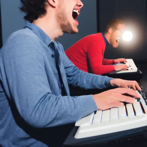 Prompt: several guys typing prompts on keyboards and laughing really hard, wide open mouth, studio light, photorealistic