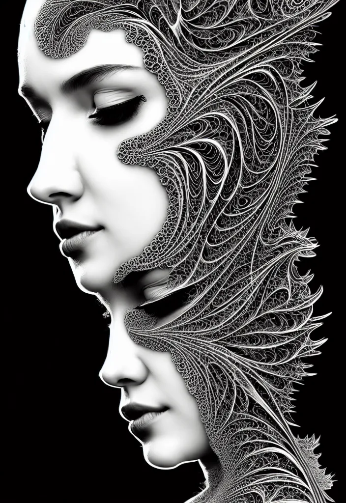 Prompt: young beautiful woman with a partially face covering mask. fractal, mandelbulb, scribble art. black and white, black on black. intricate, elegant, super highly detailed, professional digital painting, smooth, 8k, 3D, beautiful, cinematic. art deco, art nouveau.