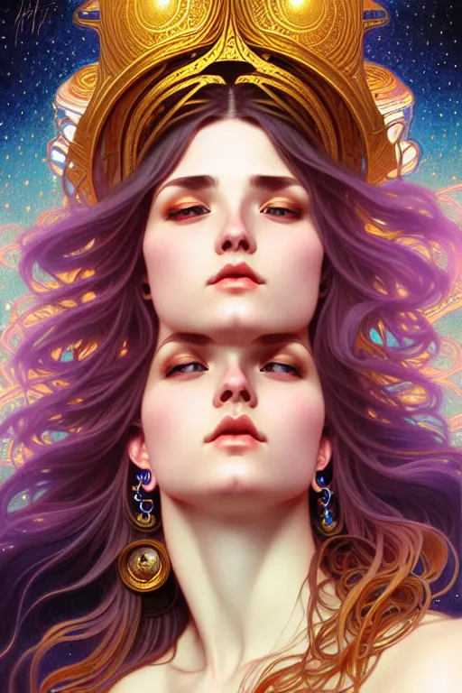 Image similar to empress of eternity, space, universe, portrait, highly detailed, deep focus, elegant, digital painting, smooth, sharp focus, illustration, ultra realistic, 8 k, art by artgerm and alphonse mucha