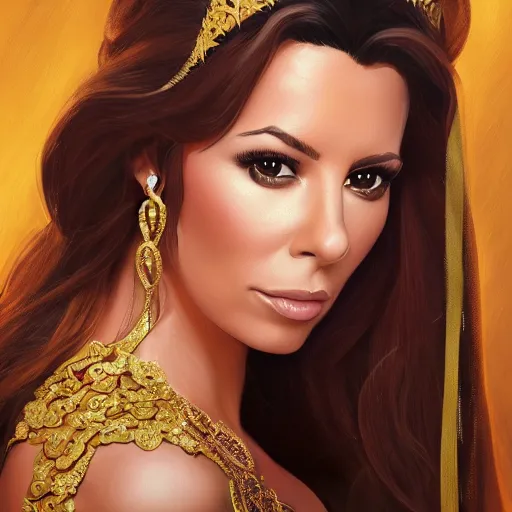 Prompt: a portrait of eva longoria as an arabian princess in a disney movie, crown!! oil painting, pale colors, high detail, 8 k, wide angle, trending on artstation,