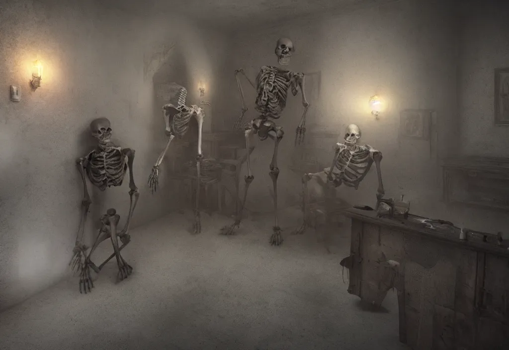 Image similar to eldritch skeleton ghosts in a room of a haunted house. realistic, cinematic lighting, octane tender, dark - art