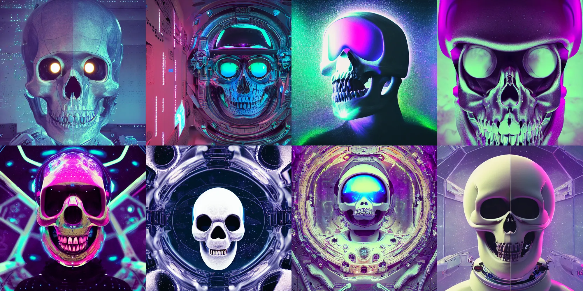 Prompt: astronaut skull head, cosmic horror, abstract, ghostly, arcade, duotone, poltergeist, epic lighting, intricate, elegant, highly detailed, smooth, sharp focus, unreal engine 5, raytracing, in the style of beeple and mike winkelmann, ultraviolet colors,