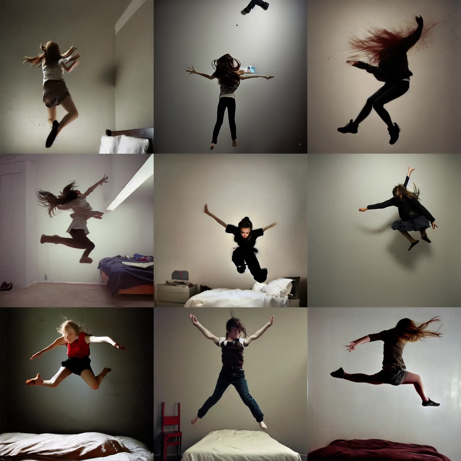 Prompt: girl jumping on her bed jeremy geddes