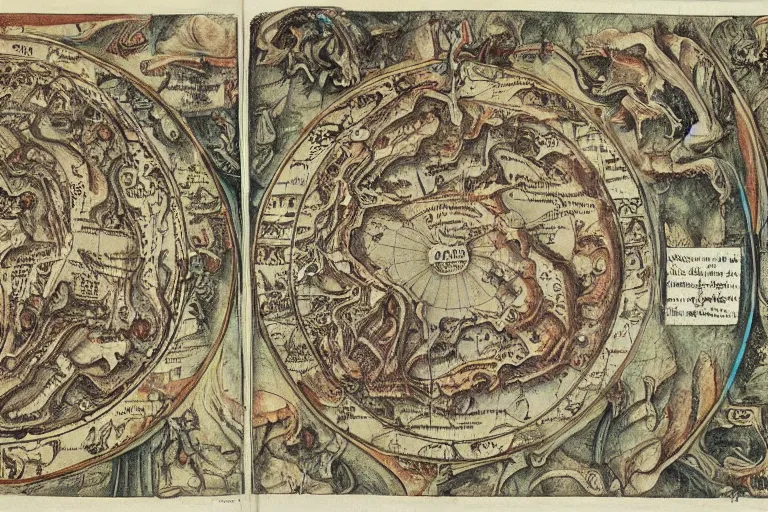 Image similar to intricate detailed ancient map of the regions of hell and the dimensions of the damned, technical cartography with annotations and notes in the margins