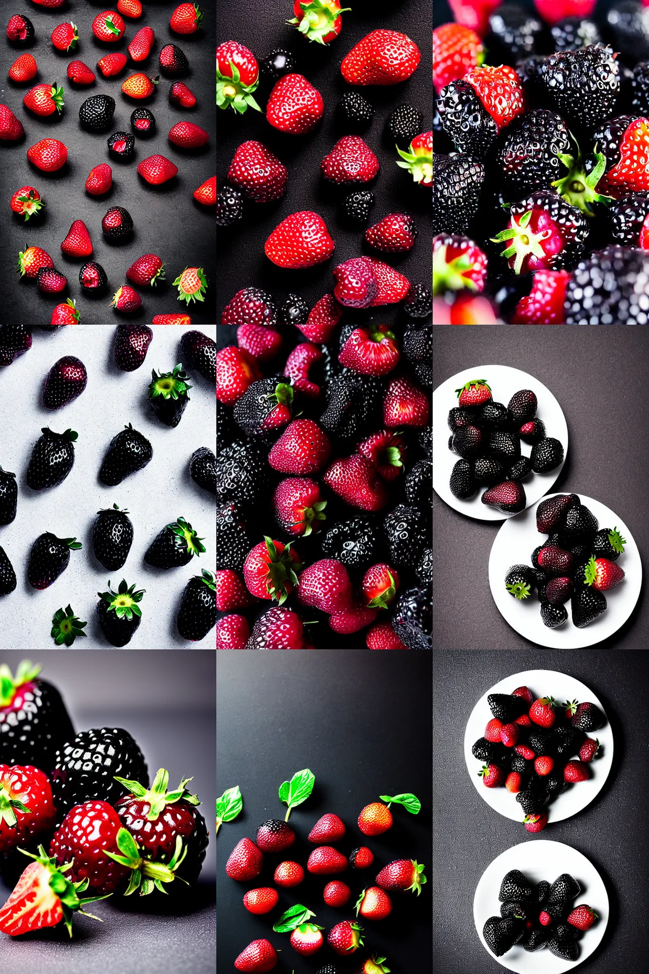Prompt: black strawberries, black!!!, food photography, studio lighting, bokeh, high quality