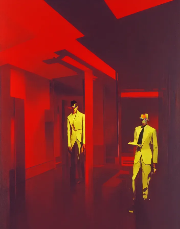 Image similar to by Syd Mead , mystic dark atmosphere deep underwater, portrait of men with chameleon scales, soft light, red+yellow colours, high quality details, one point perspective, denoise deep depth of field