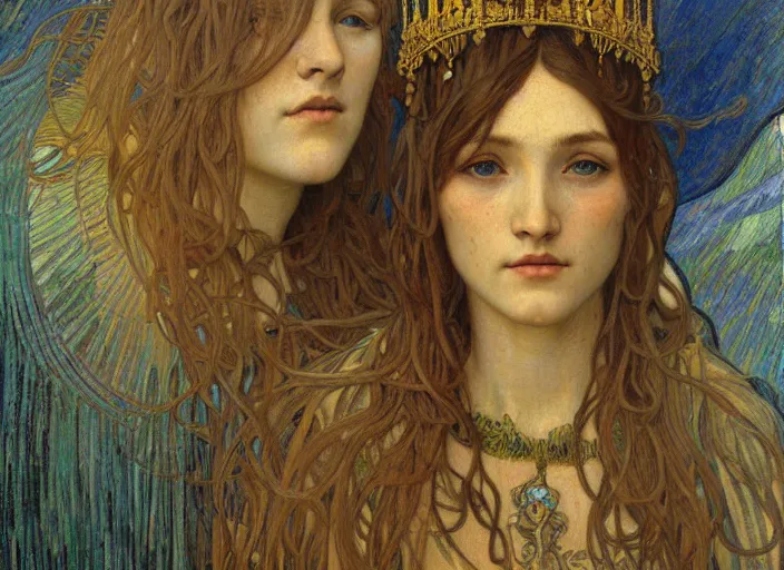 Image similar to detailed realistic beautiful young medieval queen face portrait by jean delville, alphonse mucha, vincent van gogh, and marco mazzoni, art nouveau, symbolist, visionary, gothic, pre - raphaelite