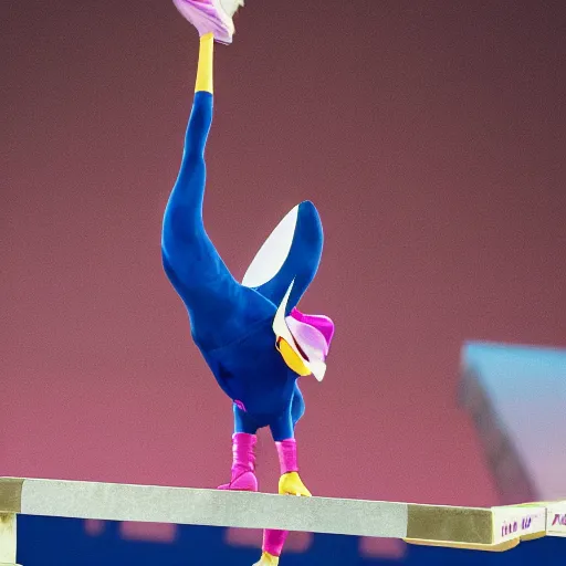 Prompt: photograph of darkwing duck winning the olympic polevault competition