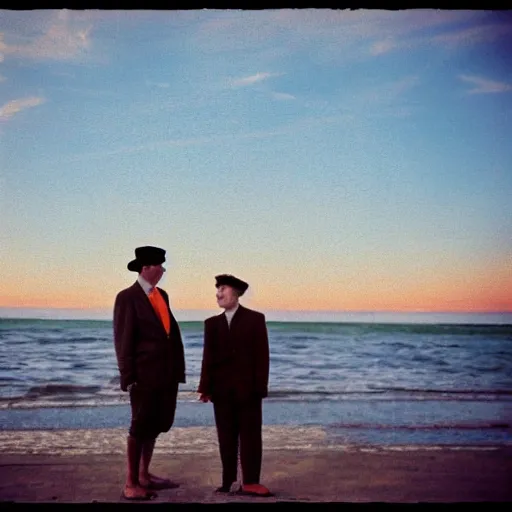 Image similar to vintage gay couple at the beach, nostalgic photography, sunset