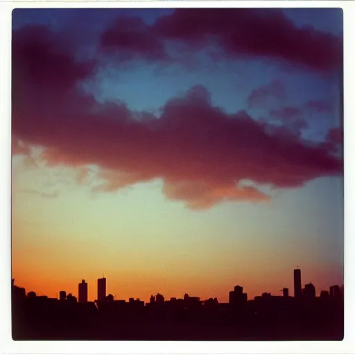 Prompt: instant photograph of the sky, polaroid, raw, beautiful, sunset, clouds, city