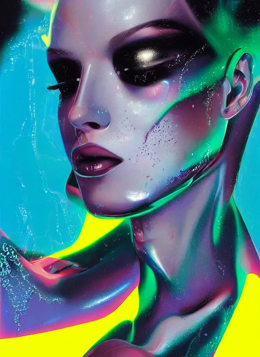 Prompt: futuristic lasers tracing, colorsmoke, fullbodysuit, pyramid hoodvisor, raindrops, wet, oiled, beautiful cyborg girl aphrodite pinup, by steven meisel, kaws, rolf armstrong, hannah af klint, perfect geometry abstract acrylic, octane hyperrealism photorealistic airbrush collage painting, monochrome, neon fluorescent colors, minimalist rule of thirds, eighties eros