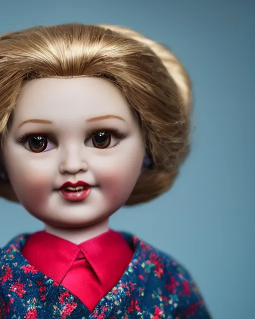 Image similar to high quality presentation photo of a cute Hilary clinton porcelain doll in the style of mark ryden photography 4k, f1.8 anamorphic, bokeh, 4k, Canon, Nikon