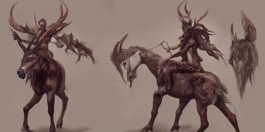 Image similar to The Elaphocentaur, deer elf hybrid, Fantasy epic painting, Keyframe Design, Freelance concept keyframe design.