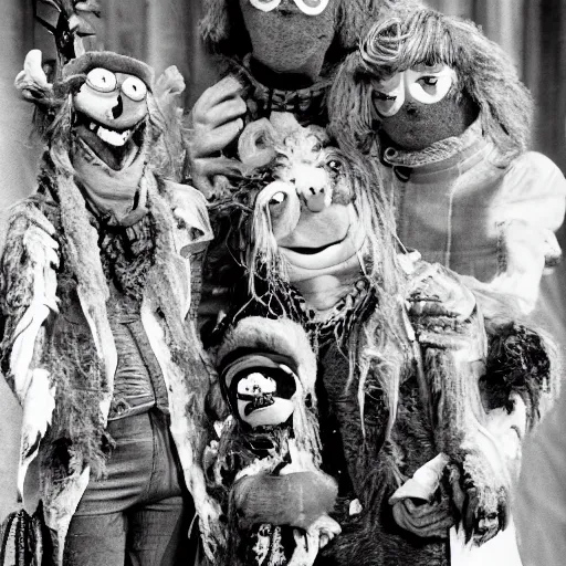 Image similar to zombie fraggle rock muppets, family photo of zombie muppets, photo from the 7 0 s