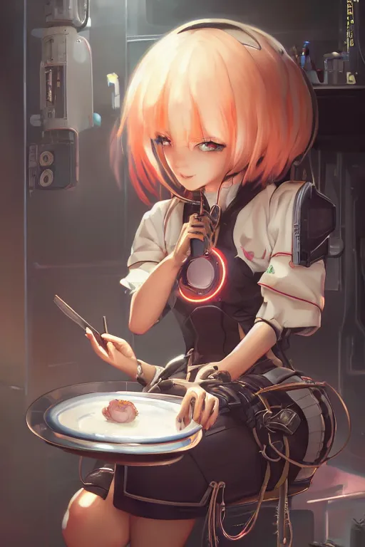 Prompt: a cute cyberpunk android maid girl cooking octopus, character art portrait, anime key visual, official media, illustrated by wlop, extremely detailed, 8 k, trending on artstation, cinematic lighting, beautiful,