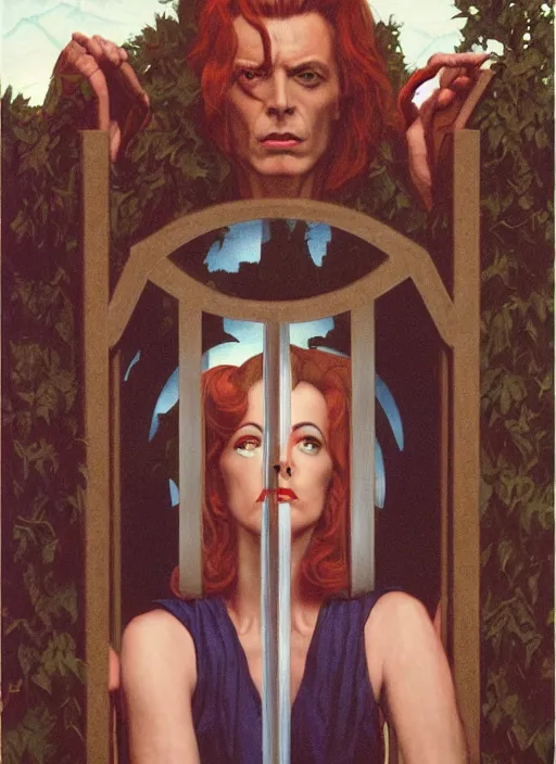 Image similar to twin peaks poster art, david bowie trapped at the gates, old retro pulp, by michael whelan, rossetti bouguereau, artgerm, retro, nostalgic, old fashioned