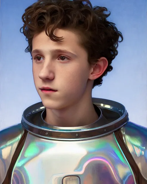 Prompt: a portrait painting of a shy, blushing 1 6 - year old tom holland or timothee chalamet, backlit, wearing a futuristic translucent iridescent plastic space suit with a space helmet, elegant, highly detailed, artstation, concept art, by krenz cushart and donato giancola and william adolph bouguereau and alphonse mucha