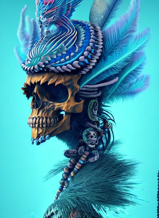 Image similar to 3 d shaman with tattoos profile portrait, sigma 5 0 0 mm f / 5. beautiful intricate highly detailed quetzalcoatl skull and feathers. bioluminescent, plasma, frost, water, wind, creature, gradient background, thunderstorm! artwork by tooth wu and wlop and beeple and greg rutkowski, 8 k trending on artstation,