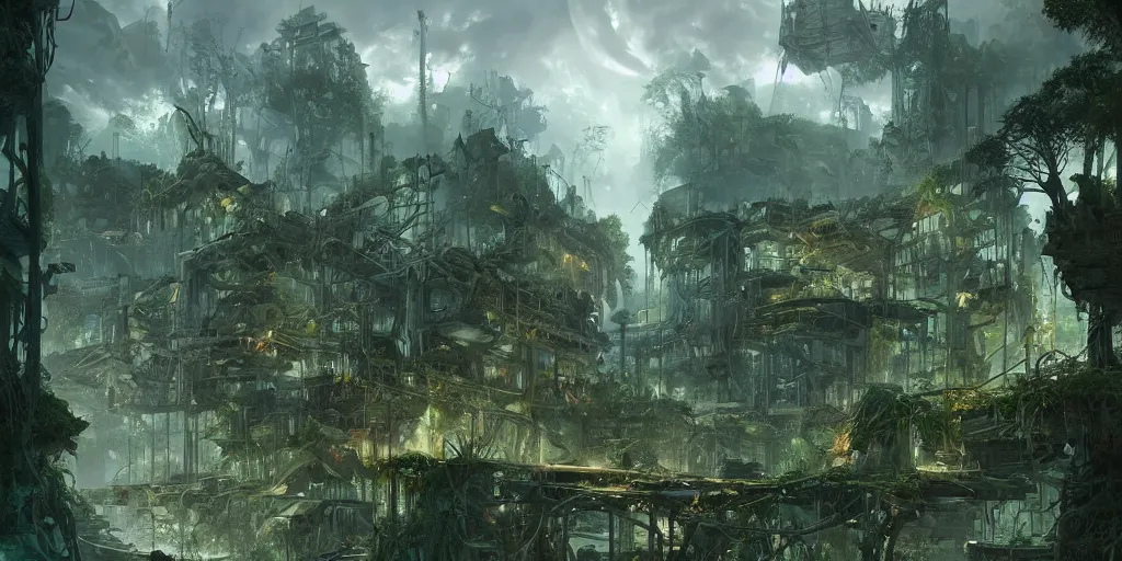 Image similar to concept art of an abandoned city in ruins, overgrown by a lush green forest, dramatic lighting, trending on Artstation, 8k, highly realistic, hyper detailed, unreal engine 5, IMAX quality, photorealistic, cinematic, epic lighting, in the style of Peter Mohrbacher and Peter Gric