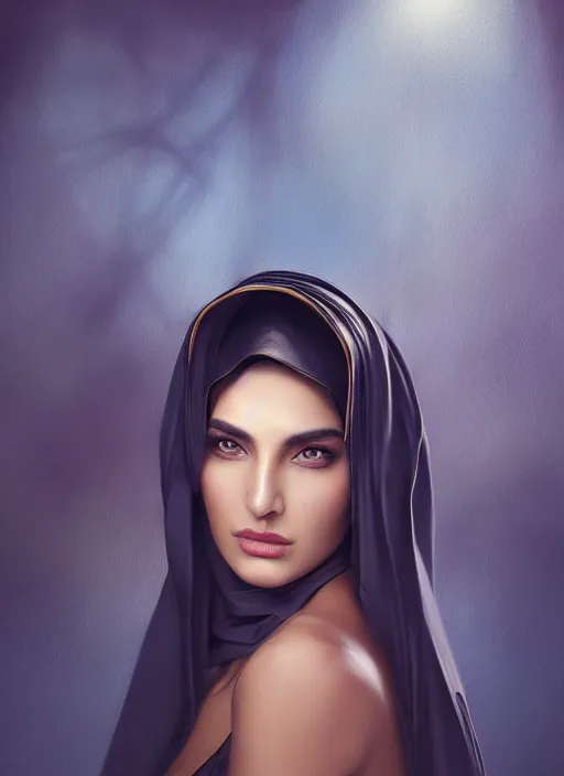 Image similar to Beautiful Arab Ameera Al taweel, blue eyes, leather, portrait, fantasy, medieval, oil colors, elegant, concept art, sharp focus, beautiful face, digital art, Hyper-realistic, 4K, Unreal Engine, Highly Detailed, HD, Dramatic Lighting by Brom, trending on Artstation