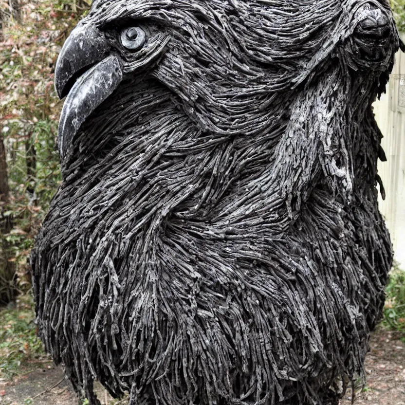 Image similar to imposing scary intricate raven stone sculpture made of oily cords