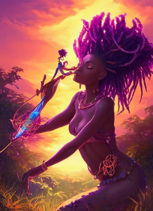 Prompt: beautiful black woman casting magical spells with powerful crystals, beaded dreadlocks and kemetic imagery, 2 d game fanart behance hd by jesper ejsing, by rhads, makoto shinkai and lois van baarle, ilya kuvshinov, rossdraws, dramatic sunset, global illumination, radiant light, detailed and intricate environment