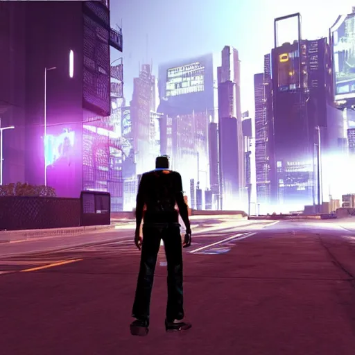 Image similar to Open world GTA-like cyberpunk game, futuristic city, HUD, screenshot, PlayStation 2