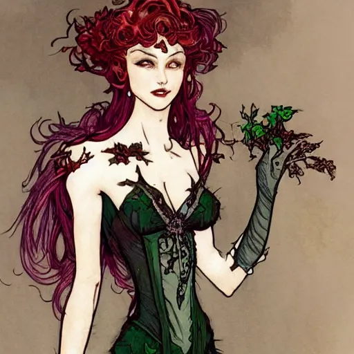 Image similar to a beautiful and detailed magic the gathering card of a seductive poison ivy dressed as a lawyer in the big city, dark eyeliner, intricate, elegant, highly detailed, digital painting, artstation, concept art, matte, sharp focus, illustration, art by rebecca guay and by arthur rackham and by alphonse mucha and by john william waterhouse
