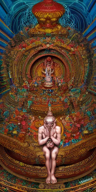 Prompt: hypermaximalist extremely detailed realistic render of an astral creature praying inside a buddhist stupa by oozium, James Jean, Andrei Riabovitchev, dom qwek. Ant\'s perspective. ArtStation, CGSociety