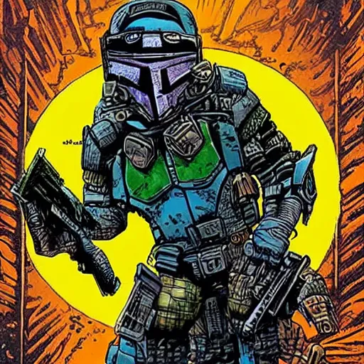 Image similar to sci - fi, dystopian bounty hunter, art by kevin eastman