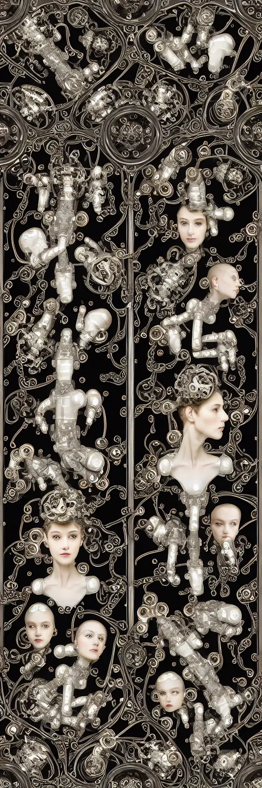 Image similar to seamless pattern of beautiful cybernetic baroque robots, beautiful baroque porcelain faces + body is clear plastic, inside organic robotic tubes and parts, front facing, wearing translucent baroque rain jackets + symmetrical composition + intricate details, black background, hyperrealism, wet, reflections + by alfonse mucha, no blur