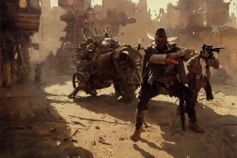 Image similar to oil painting of old rugged robot bounty hunter in a gunfight in dusty wild west street, art by anders zorn, wonderful masterpiece by greg rutkowski, beautiful cinematic light, american romanticism by greg manchess, jessica rossier