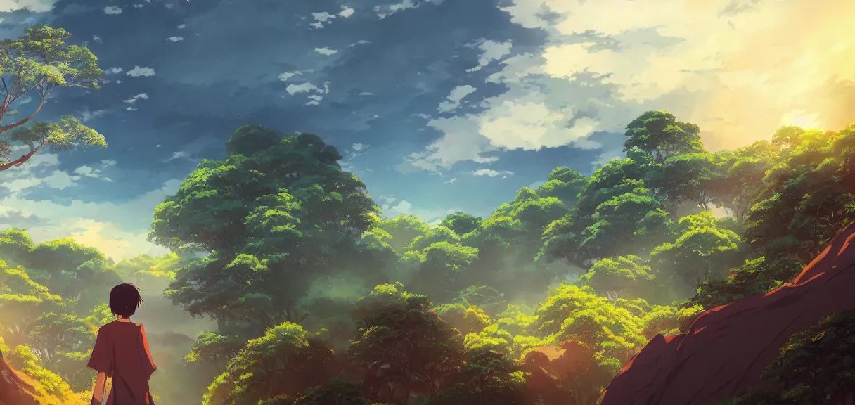 Prompt: vivid anime indonesian landscape by makoto shinkai, beautiful, gorgeous, dramatic lighting, rule of thirds, perfect composition, trending on ArtStation, 8k