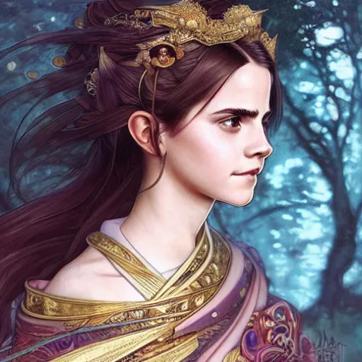 Image similar to Emma Watson as a Japanese Goddess, cute, fantasy, intricate, elegant, highly detailed, digital painting, 4k, HDR, concept art, smooth, sharp focus, illustration, art by artgerm and H R Giger and alphonse mucha