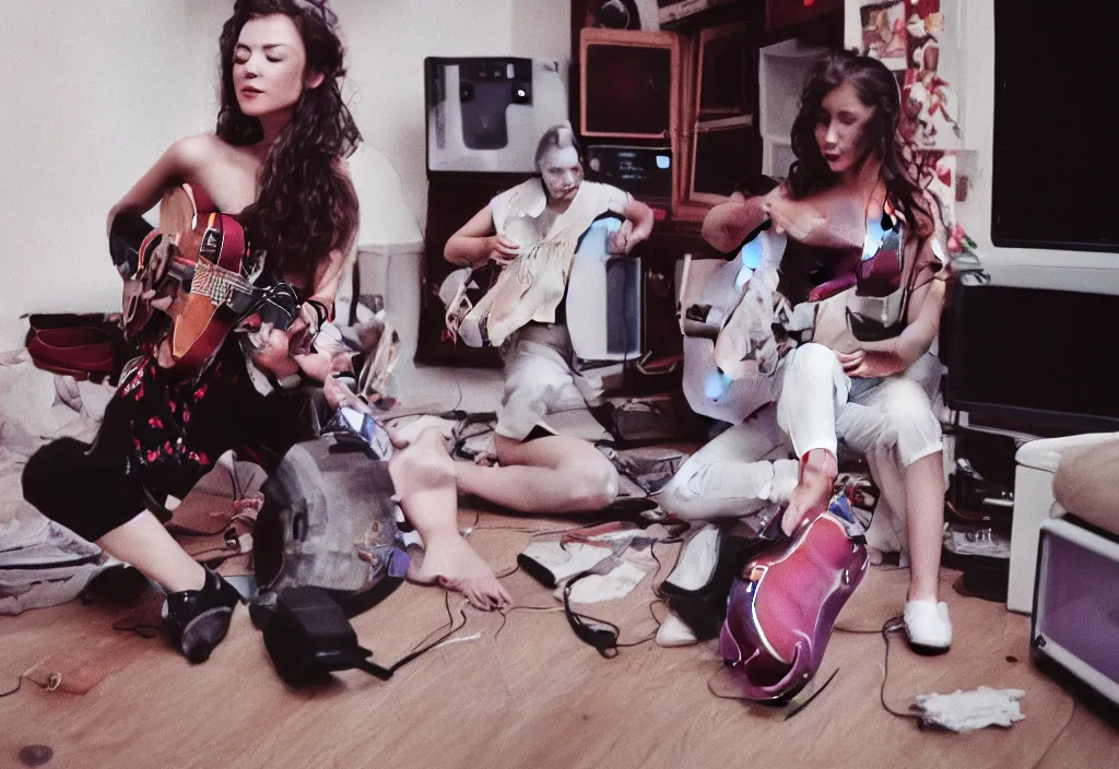 Image similar to hyperreal beautiful women playing guitar in front of a broken flat tv, 3 5 mm, cinestill, depth of field in the style of bruce weber