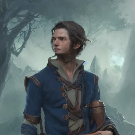 Prompt: 8k a young curious handsome male wood elf scholarly adventurer wearing a navy blue student's tunic carrying a satchel of arcane supplies, by Raymond Swanland Greg Rutkowski Lise Deharm, intricate, masterpiece, sharp, digital art, ArtStation, CGStation, 4k