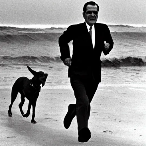 Richard Nixon running with his dog on the beach | Stable Diffusion