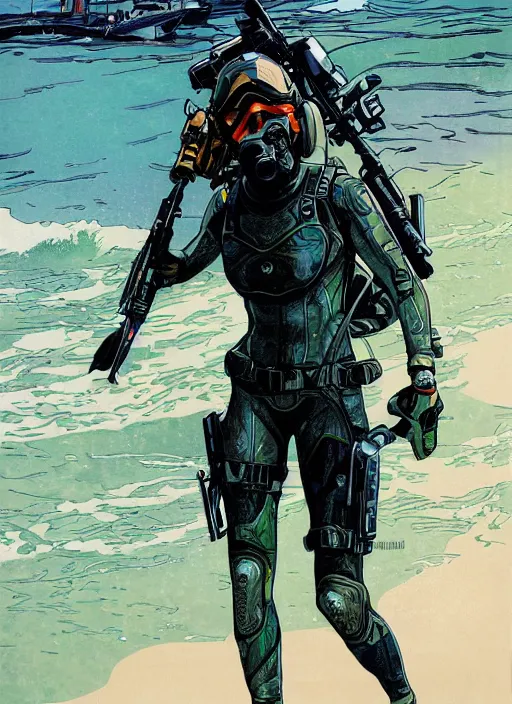 Image similar to Sonya. USN blackops operator emerging from water at the shoreline. Agent wearing Futuristic wetsuit and looking at an abandoned shipyard. rb6s, MGS, and splinter cell Concept art by James Gurney, Alphonso Mucha. Vivid color scheme.