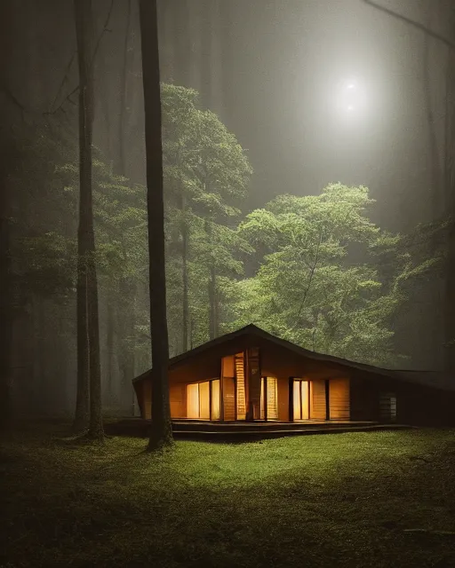 Image similar to an exquisite wooden house in the middle of a lush forest at night, minimalist design, architectural photography, dark and dim lighting, beautiful, tranquil, moody, cinematic, fantasy, 3 5 mm lens, volumetric lighting, first person view, photographic render, hyper realistic